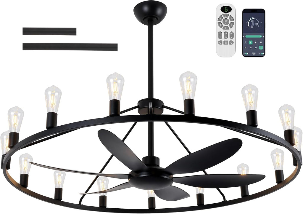 Miuyhji Rustic Ceiling Fan with Lights Wagon Wheel Style,Dining Room Light Fixture with Fan,15 Light Chandelier Fans,50 in Matte Black Farmhouse Fandelier for Large Space 100-300 Sqare Feet