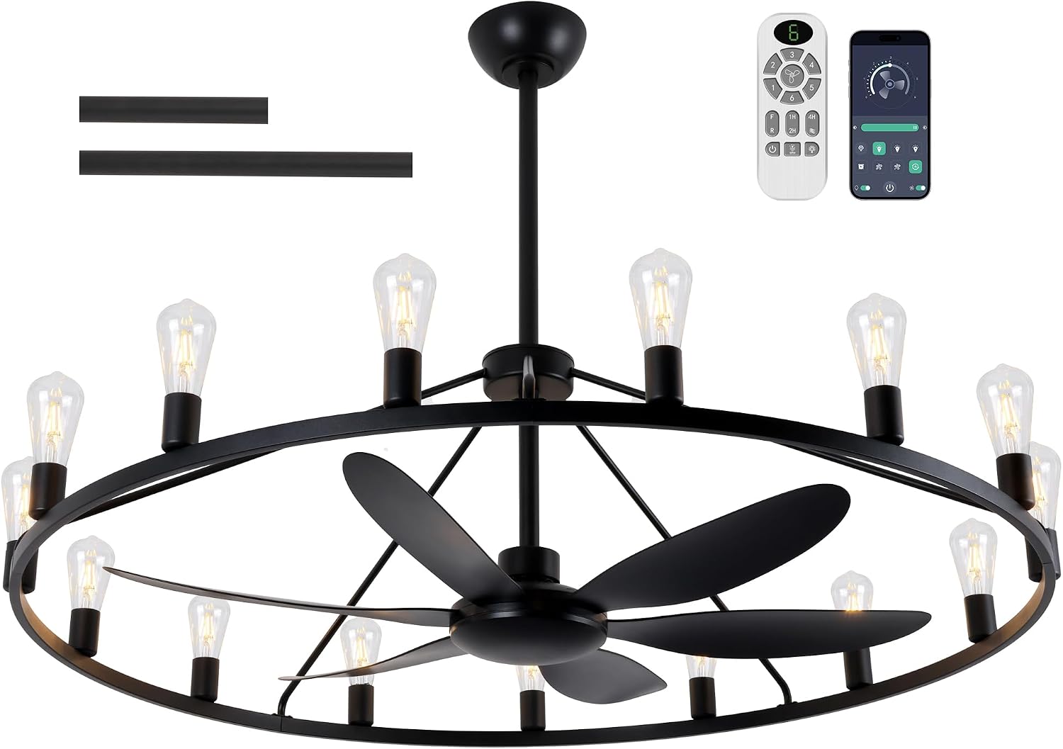 Miuyhji Rustic Ceiling Fan with Lights Wagon Wheel Style,Dining Room Light Fixture with Fan,15 Light Chandelier Fans,50 in Matte Black Farmhouse Fandelier for Large Space 100-300 Sqare Feet