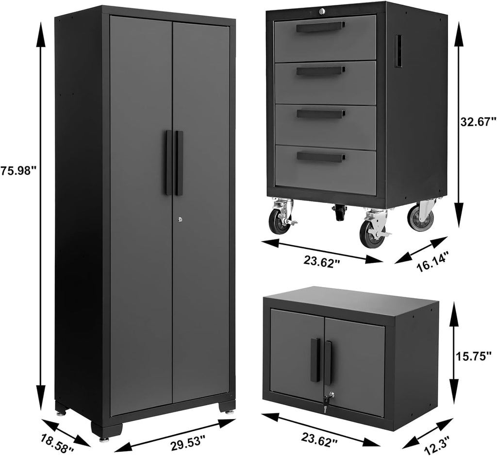 Torin Garage Cabinets Storage System: 6 Piece Set with Lockers and Workbench for Home, Office, Gym, School, Black/Grey,AGPZ112B