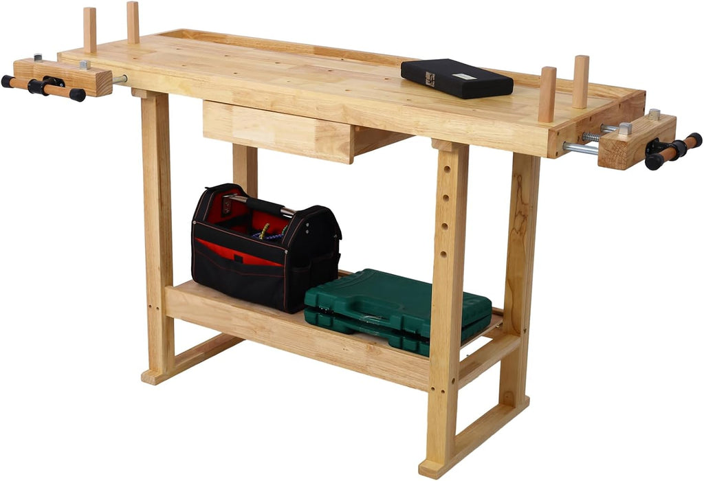 55 Inch Rubber Wood Workbench for Garage Workshop & Home with 4Pcs Bar Clamps (12' & 20'), Heavy Duty 330lbs Capacity, Storage Drawer & Shelves, Natural Finish