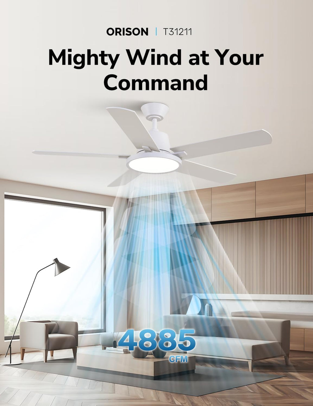Orison Ceiling Fans with Lights, 52 inch Low Profile Ceiling Fan with RGB Backlight, Flush Mount Ceiling Fan with Remote and App Control,White Bedroom Fan, 6 Speeds, 3 Reversible Blades (White RGB)