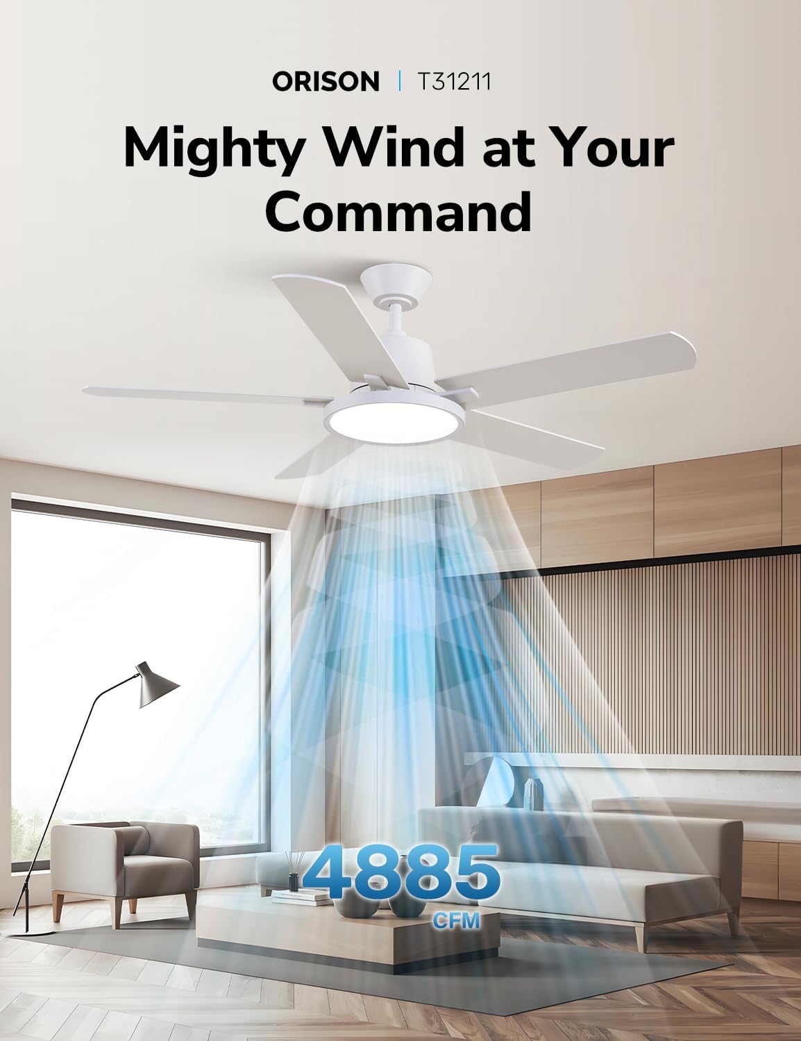 Orison Ceiling Fans with Lights, 52 inch Low Profile Ceiling Fan with RGB Backlight, Flush Mount Ceiling Fan with Remote and App Control,White Bedroom Fan, 6 Speeds, 3 Reversible Blades (White RGB)