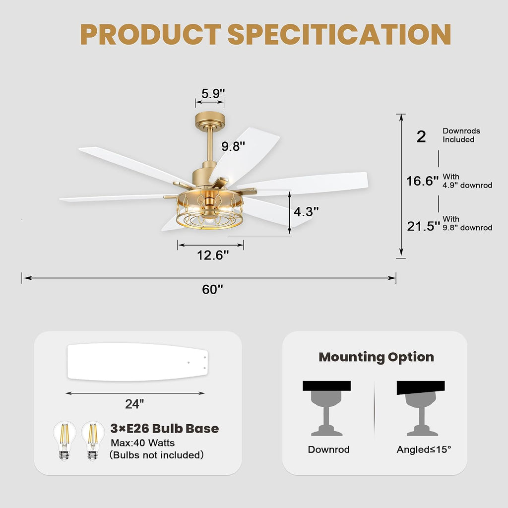 Dawn Whisper 60 Inch Ceiling Fans with Lights Gold Ceiling Fans with Remote Quiet Reversible DC Motor 6 Speeds Large Industrial Chandelier Fan for Living Room Bedroom