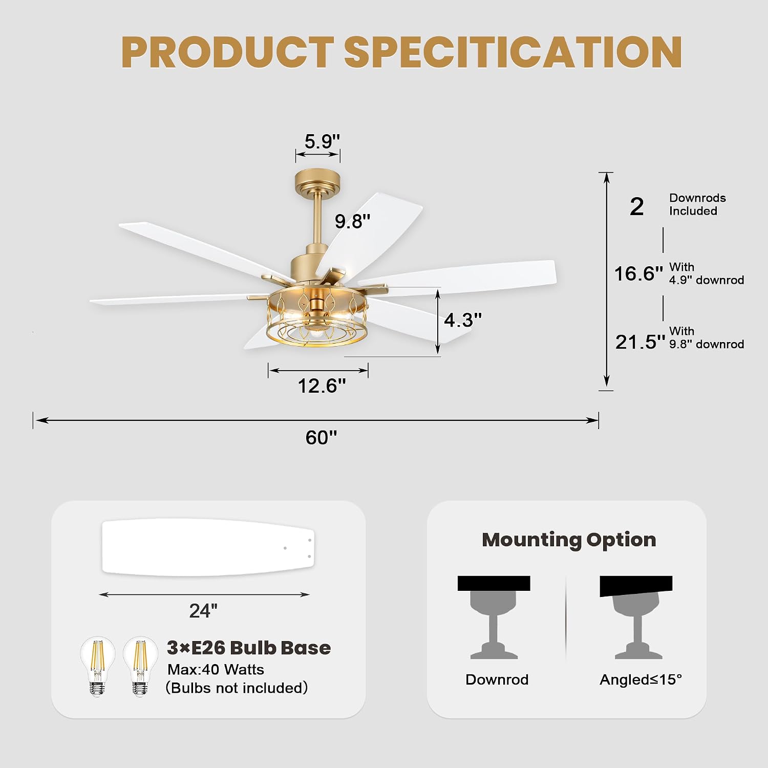 Dawn Whisper 60 Inch Ceiling Fans with Lights Gold Ceiling Fans with Remote Quiet Reversible DC Motor 6 Speeds Large Industrial Chandelier Fan for Living Room Bedroom