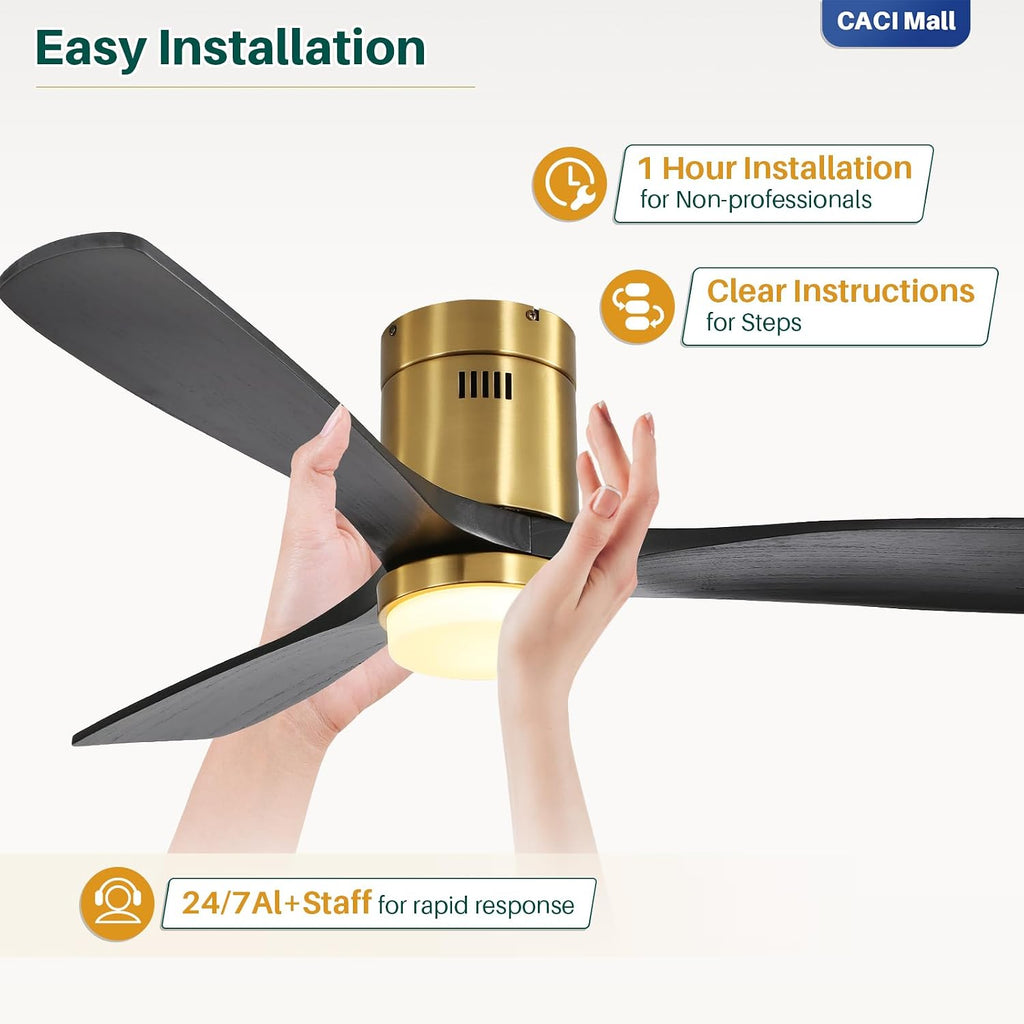 CACI Mall 52 Inch Wood Flush Mount Ceiling Fan with Lights, 3 Blades, Low Profile, Modern, 3CCT, Dimmable, Noiseless, Remote Contral, Outdoor Indoor Ceiling Fans for Bedroom/Farmhouse/Patio
