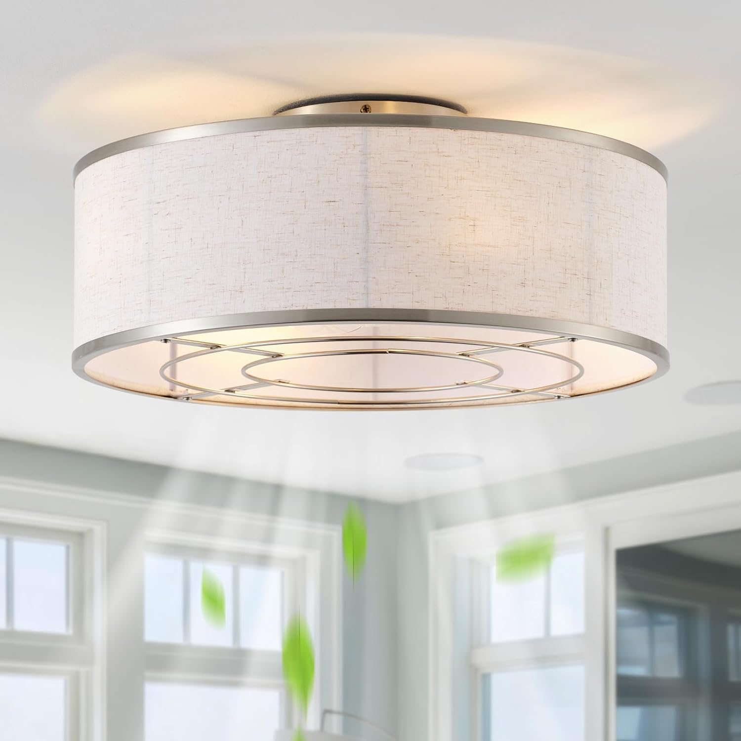 20' Silver Caged Ceiling Fans with Lights, Boho Flush Mount Ceiling Fan with Light and Remote, Bladeless with 6 Speeds for Bedroom, Nursery, Living Room