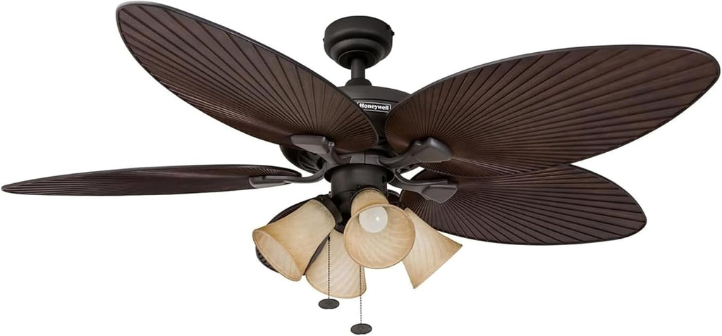 Honeywell Palm Island 52 Inch Tropical Indoor Outdoor Ceiling Fan, LED Light, 5 Palm Leaf Blades, Pull Chain Control, Quiet Motor, Oil Rubbed Bronze
