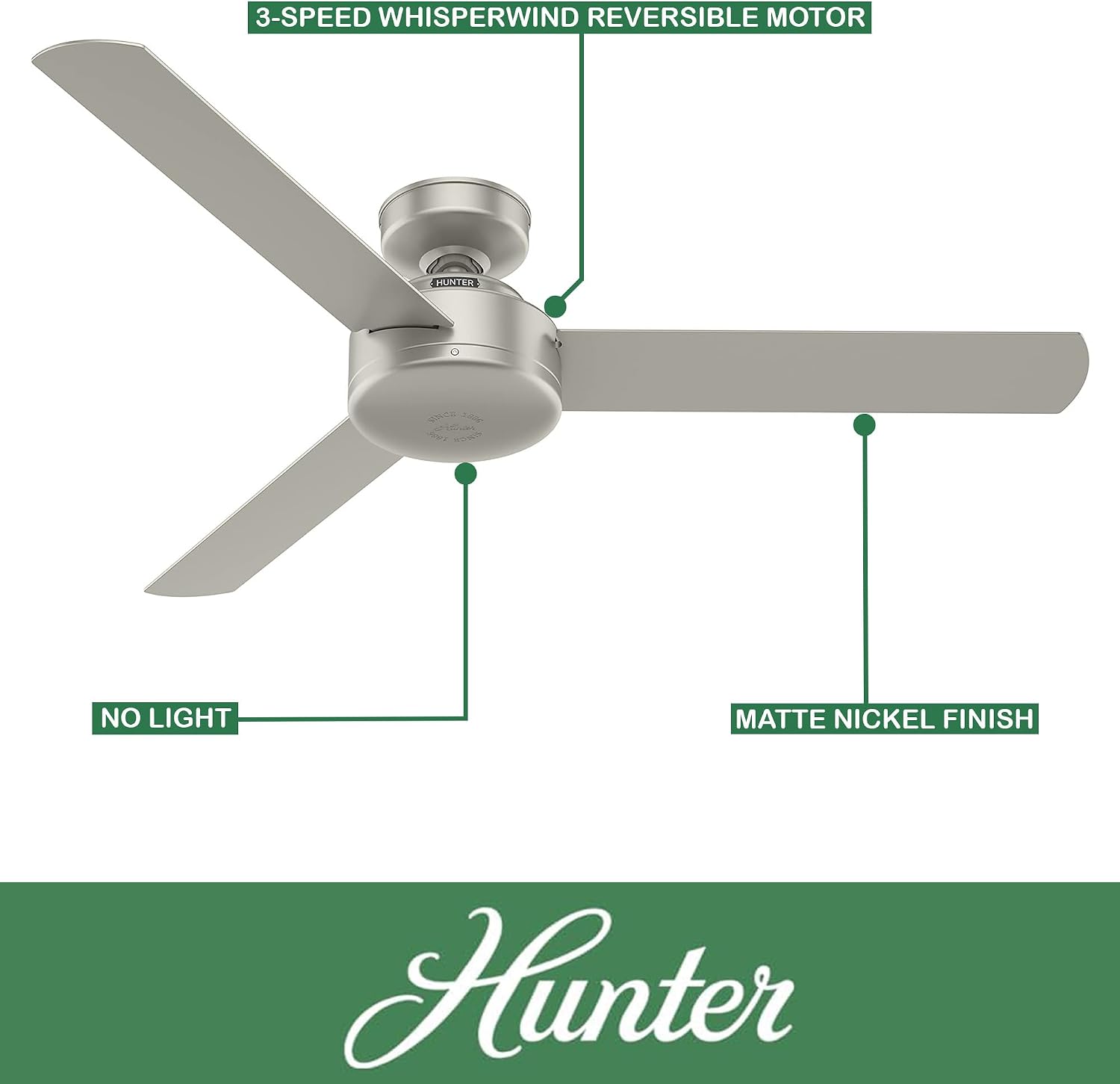 Hunter Fan 52 inch Casual Matte Nickel Indoor Ceiling Fan with 3 Blades, Holiday Gift for Bedroom, Living Room/Family Room, Dining Room, Kitchen, Office (Renewed)