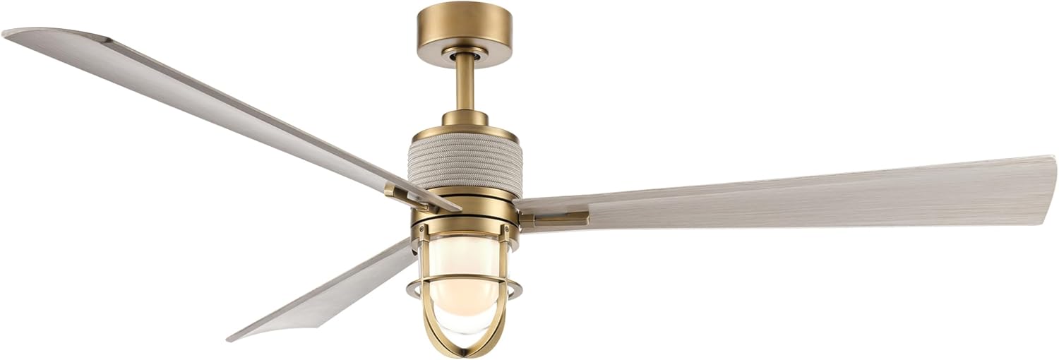 MINKA-AIRE F768L-LBR/WCD Nauticus 65' 3-Blade LED Smart Indoor/Outdoor Ceiling Fan in Legacy Brass and Warm Coastal Driftwood Finish Blades with Clear Glass