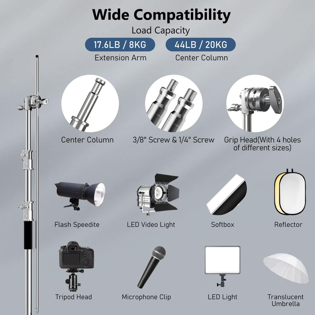 2 Pack Photography C Stand with Boom Arm: 100% Stainless Steel - Max Height 10.5ft/131inch Heavy Duty Light Stand, with 4.2ft/50inch Holding Arm, Grip Head, Sandbag, Backdrop Clamp