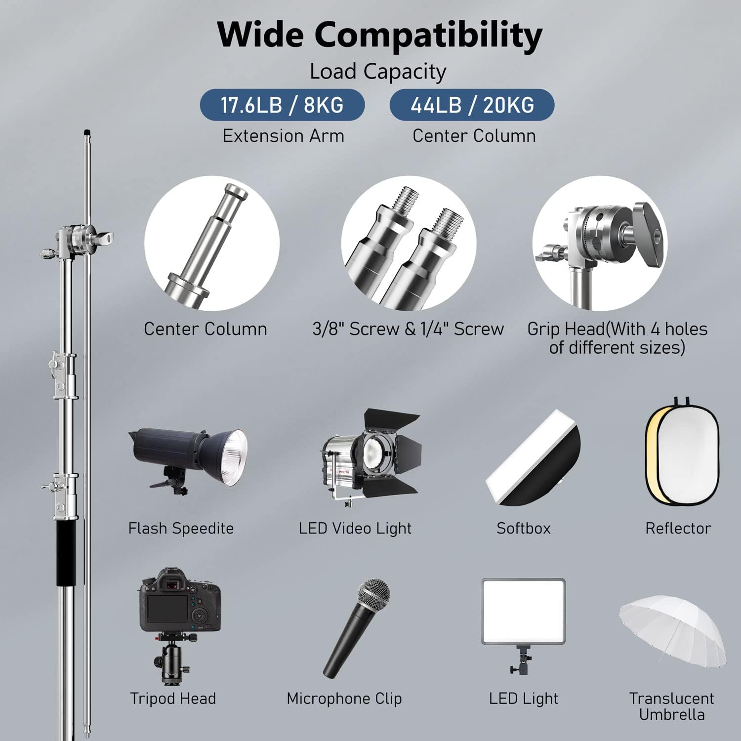 2 Pack Photography C Stand with Boom Arm: 100% Stainless Steel - Max Height 10.5ft/131inch Heavy Duty Light Stand, with 4.2ft/50inch Holding Arm, Grip Head, Sandbag, Backdrop Clamp