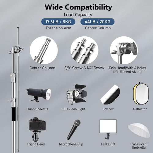 2 Pack Photography C Stand with Boom Arm: 100% Stainless Steel - Max Height 10.5ft/131inch Heavy Duty Light Stand, with 4.2ft/50inch Holding Arm, Grip Head, Sandbag, Backdrop Clamp