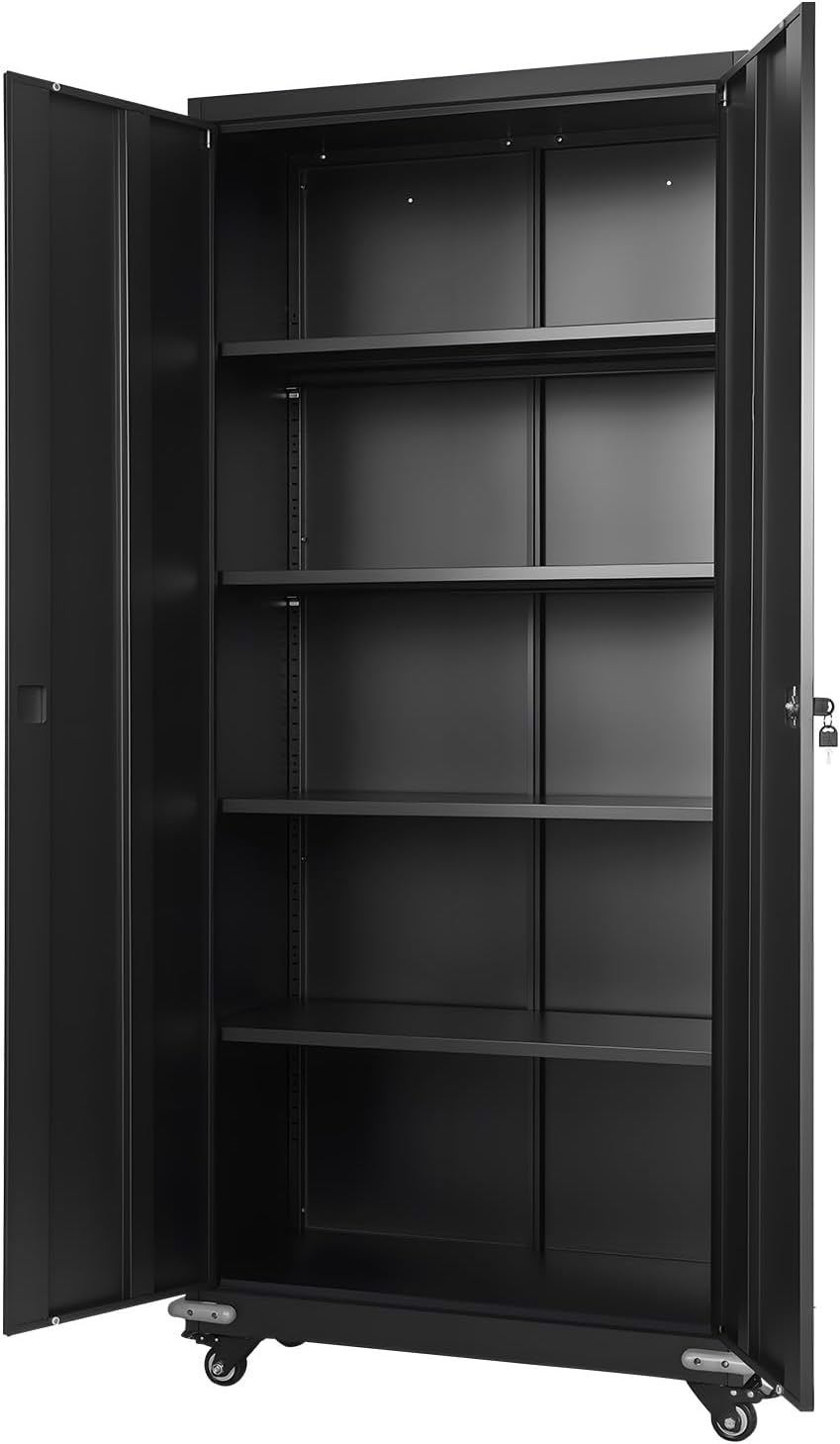 VEVOR Metal Storage Cabinet, 72.6 in Rolling Steel Garage Cabinet with 4 Adjustable Shelves, 2 Magnetic Doors & 2 Keys, 5 Tiers Lockable Tool Storage for Pantry, Warehouse, Basement, Office, Black