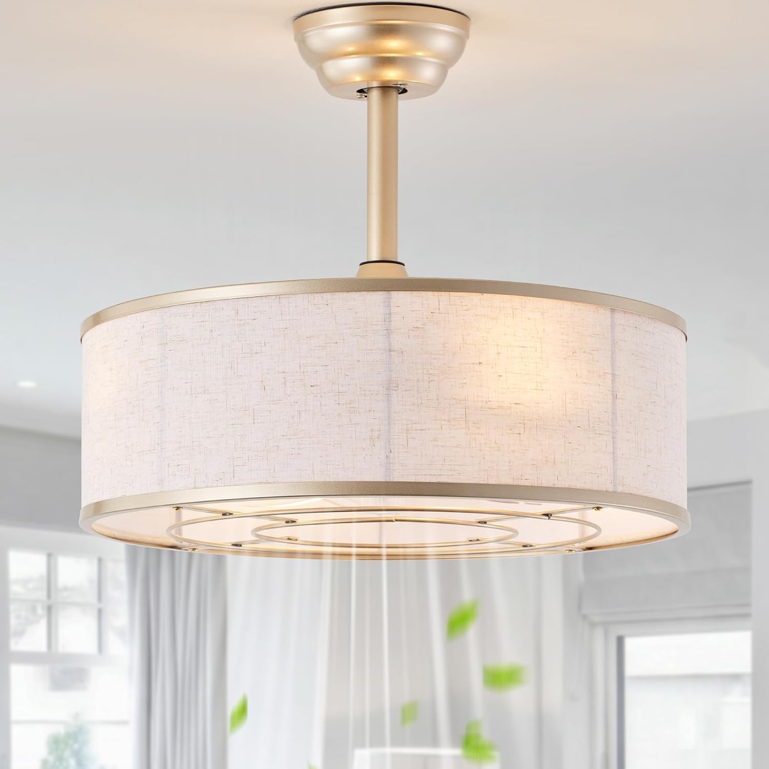 20' Gold Caged Boho Fandelier Ceiling Fan with Light & Remote Control - Bladeless Chandelier Fan, 6 Speed Quiet Reversible Motor for Bedroom, Nursery, Living Room