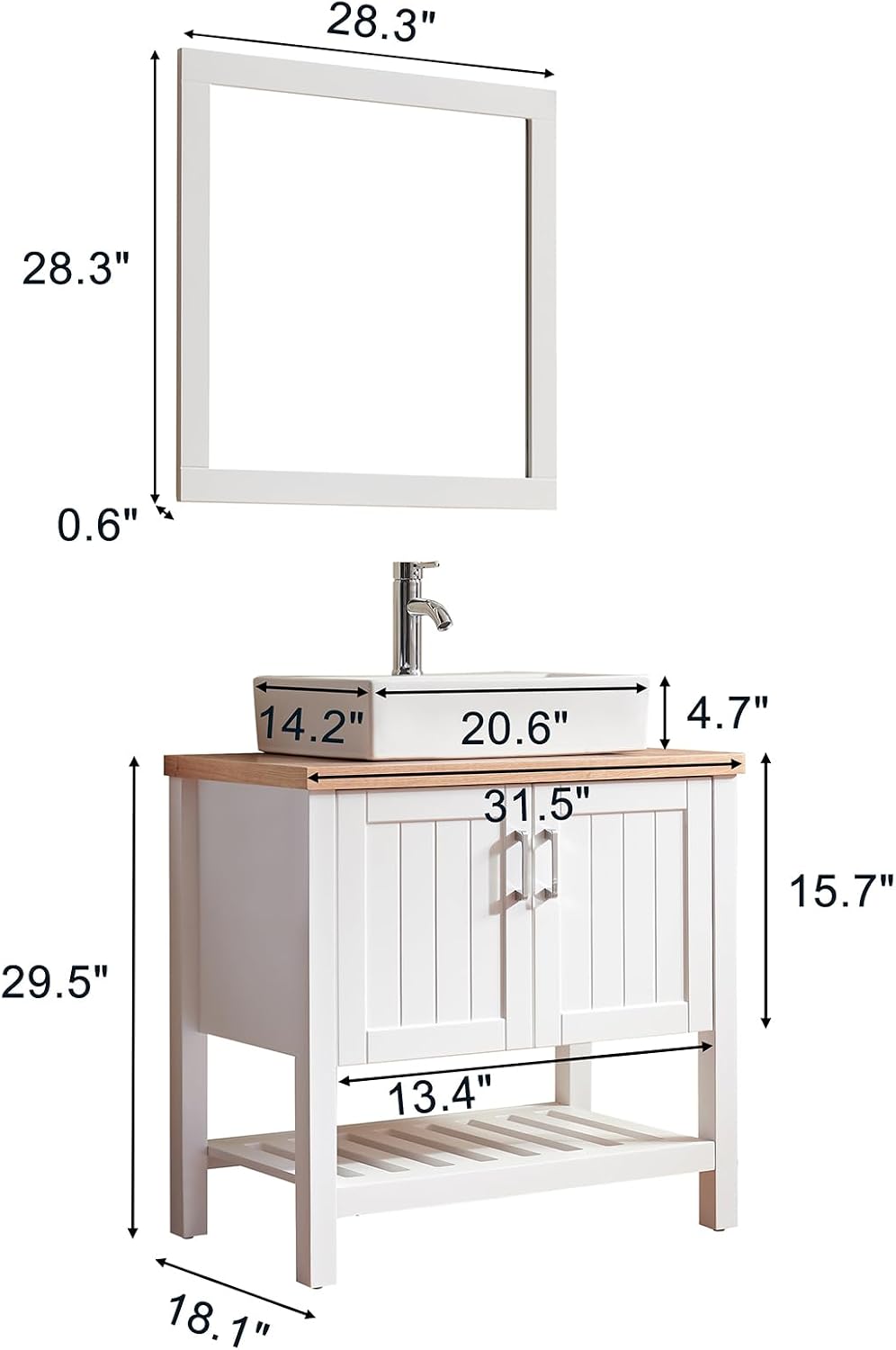32' Vintage Bathroom Vanity with Sink and Mirror, Farmhouse Bathroom Vanity Set with 2 Doors & Open Storage Shelf for Guest Baths Master Suites or Rental Units, Set