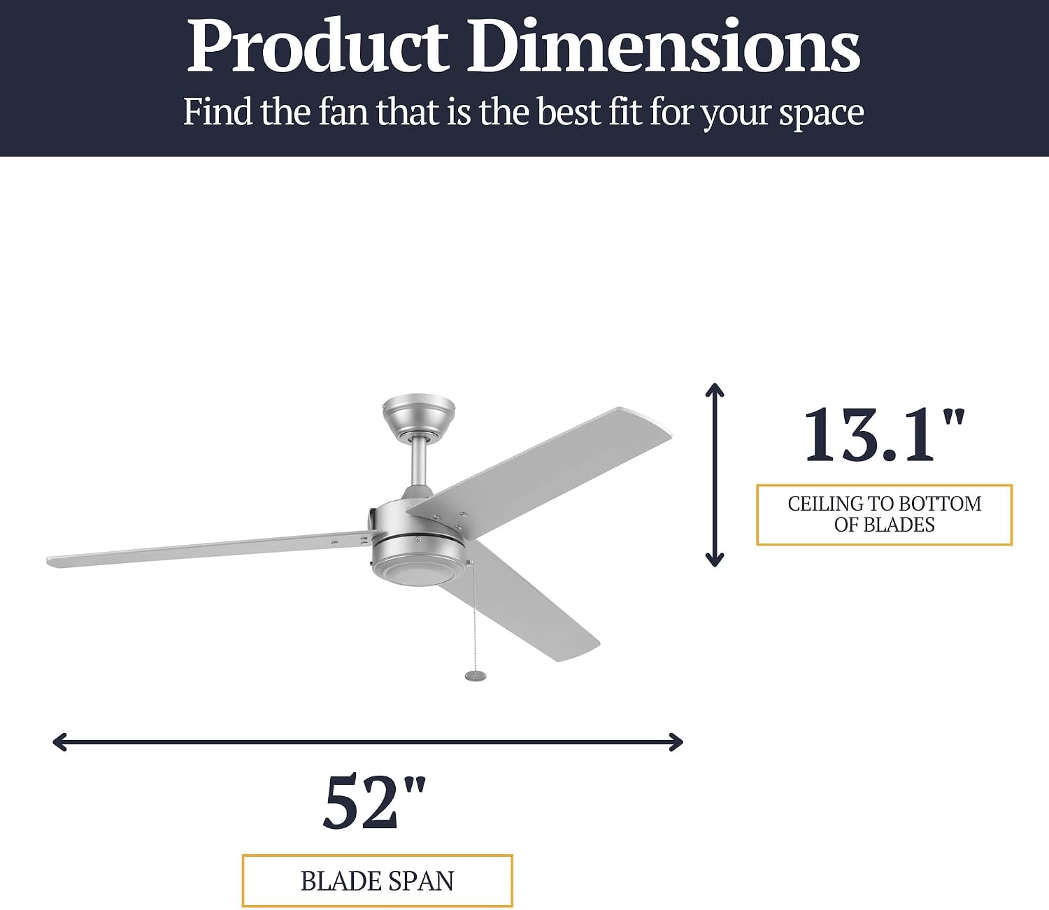 Prominence Home Tenant, 52 Inch Contemporary Indoor Outdoor LED Ceiling Fan, No Light, Pull Chain, Dual Mounting Options, 3 Dual Finish Blades, Reversible Airflow - 51867-01 (Brushed Nickel)