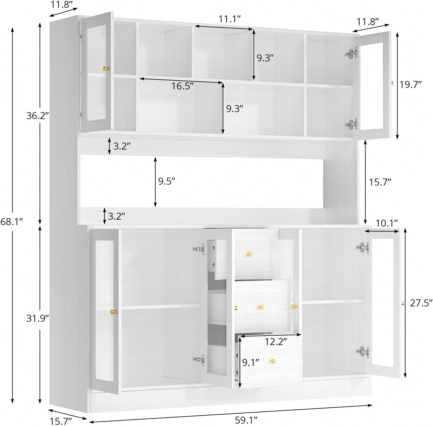 VOWNER Large Kitchen Hutch Cabinet, Kitchen Pantry Storage Cabinet with 6 Glass Doors, 3 Drawers & Microwave Shelf, Freestanding Cupboard for Open Storage (White)
