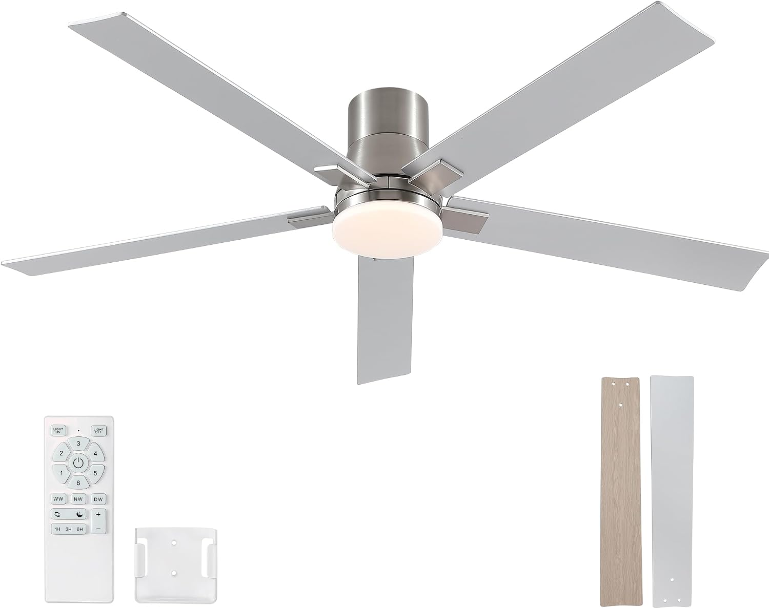 60 Inch Flush Mount Brushed Nickel Ceiling Fans with Lights and Remote | 6 Speed Reversible DC motor,3-color temperature dimmable LED.For indoor/covered outdoor.Modern style for bedroom room
