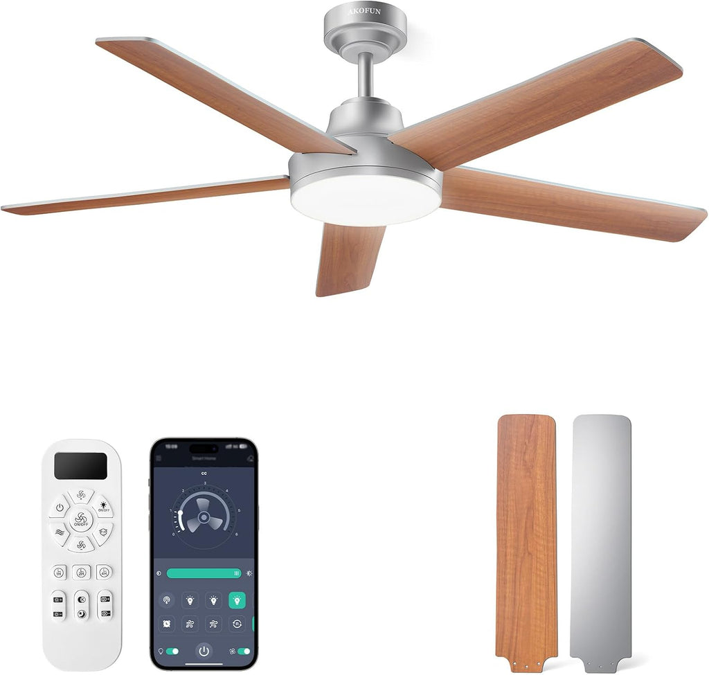 AKOFUN Ceiling Fans with Lights and Remote, Low Profile Ceiling Fan with Light, 6 Speed, Dimmable, DC Motor, Quiet, Timer, Modern LED Ceiling Fan for Bedroom Living Room 52 inch, Silver