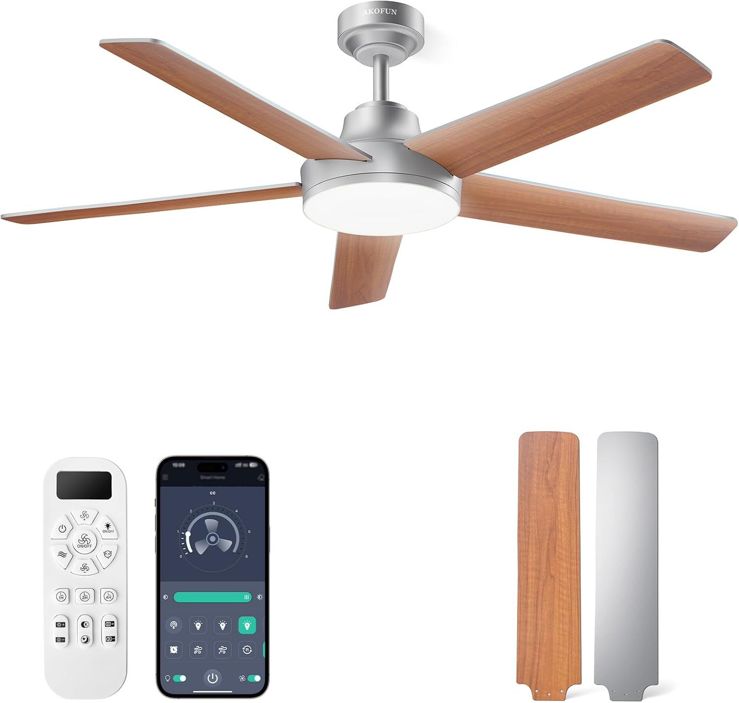 AKOFUN Ceiling Fans with Lights and Remote, Low Profile Ceiling Fan with Light, 6 Speed, Dimmable, DC Motor, Quiet, Timer, Modern LED Ceiling Fan for Bedroom Living Room 52 inch, Silver