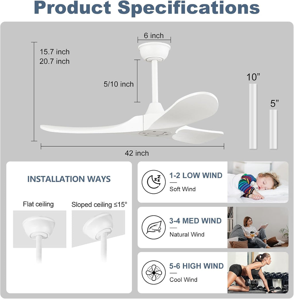 42'' Ceiling Fan no Light,Outdoor Ceiling Fan with Remote Control,3 Solid Wood Blades with Large Airflow for Bedroom,Living Room,Porch (white)