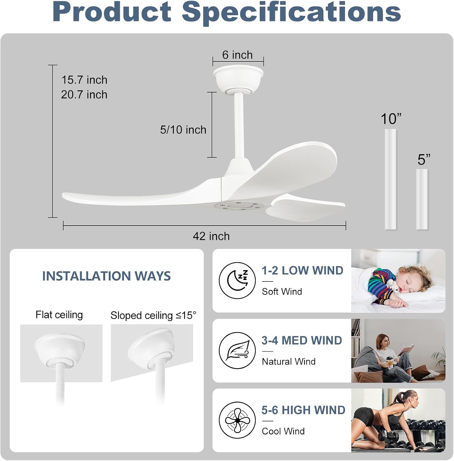 42'' Ceiling Fan no Light,Outdoor Ceiling Fan with Remote Control,3 Solid Wood Blades with Large Airflow for Bedroom,Living Room,Porch (white)
