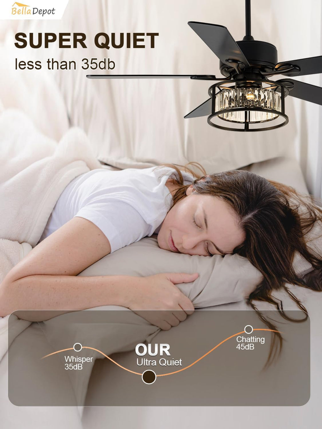 Bella Depot 52' Black Crystal Ceiling Fan with Remote, Caged Chandelier Fan with Light (No Bulbs Included), Quiet DC Motor for Dining Living Room Bedroom (Classic Black)