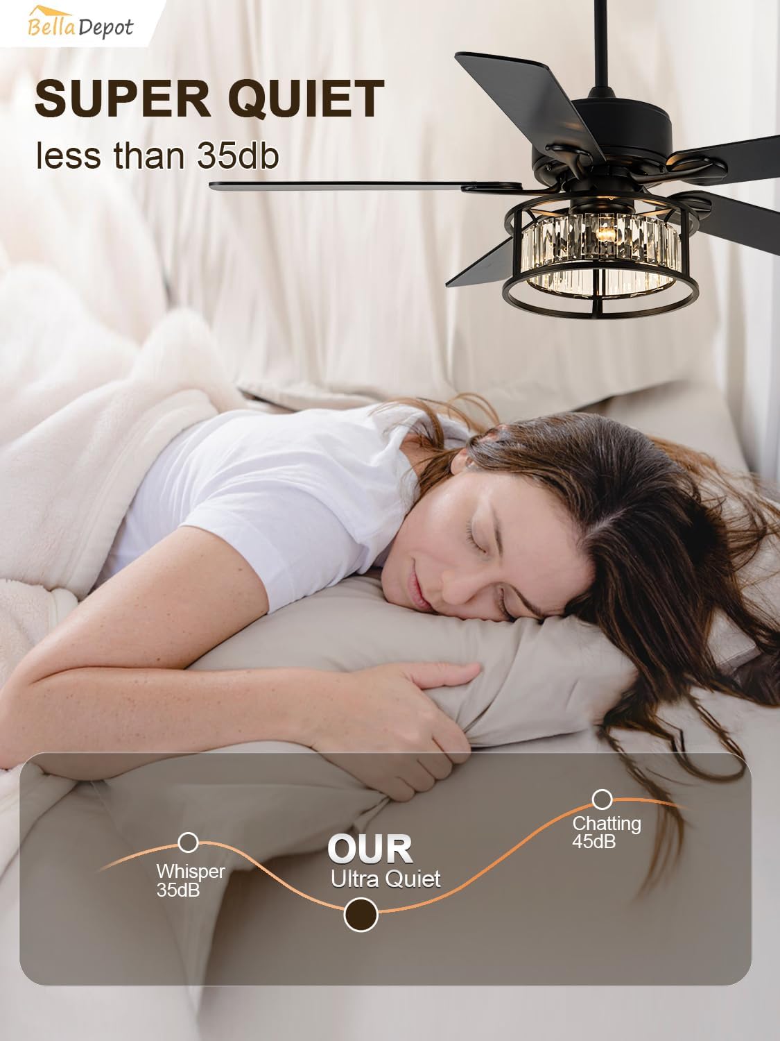 Bella Depot 52' Black Crystal Ceiling Fan with Remote, Caged Chandelier Fan with Light (No Bulbs Included), Quiet DC Motor for Dining Living Room Bedroom (Classic Black)