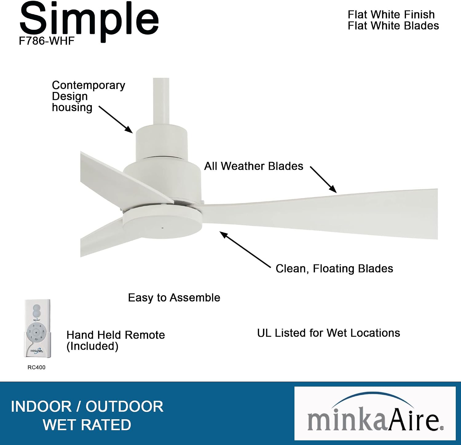 Minka Aire F786-SBR/WHF Simple - 44 Inch Ceiling Fan in Soft Brass with Flat White Blades