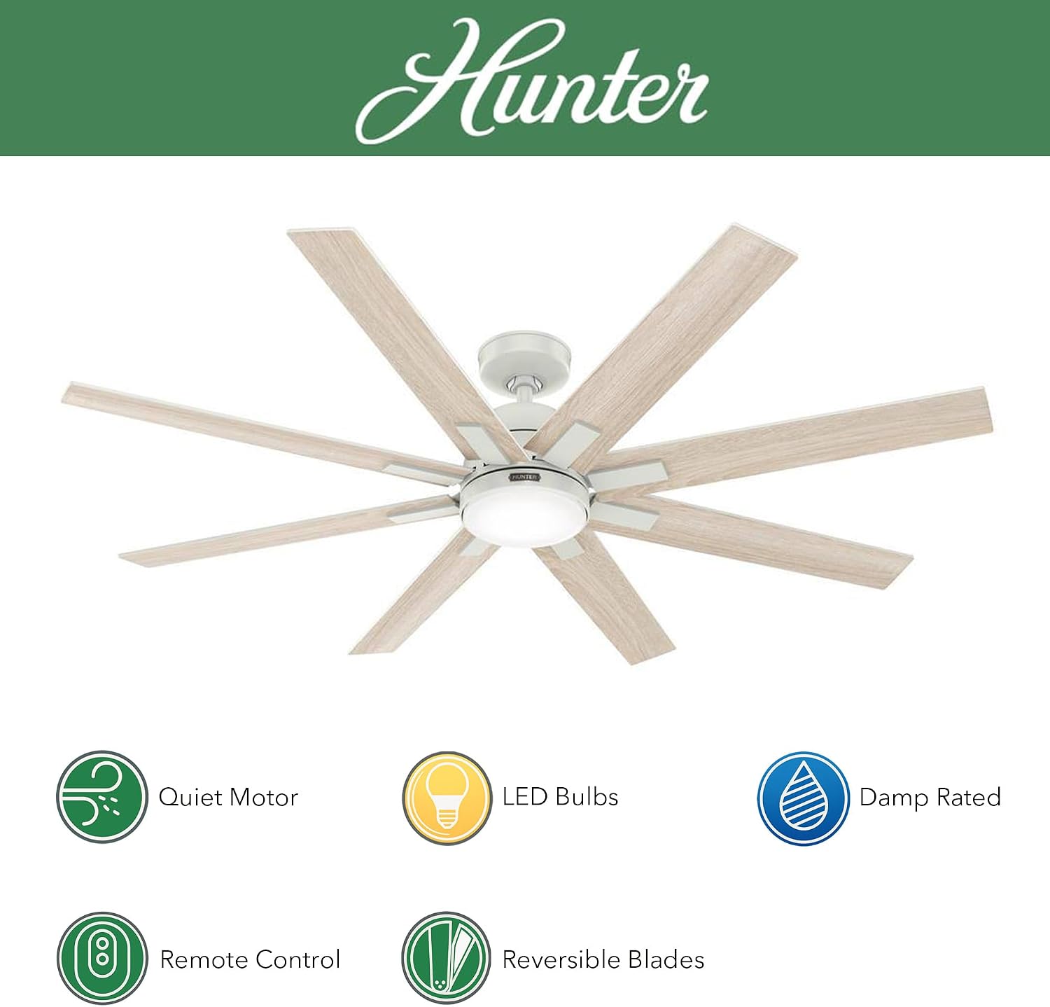 Hunter Fan 60 inch Ceiling Fan with Light and Remote, Outdoor or Indoor White Ceiling Fan for Porch, Living Room, Office, Kitchen, Garage, 8 Blades (Renewed)