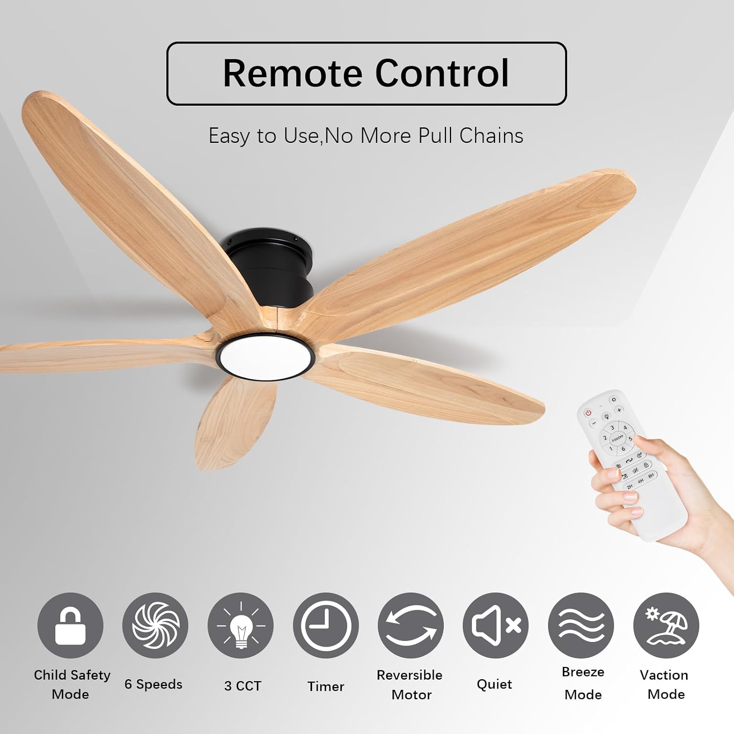 Wood Ceiling Fan with Lights, 52Inch Flush Mount Ceiling Fan with Remote Control, 5 Blades, DC Motor,3CCT,Natural Wooden Ceiling Fans for Bedroom, Living Room, Home Office,Indoor