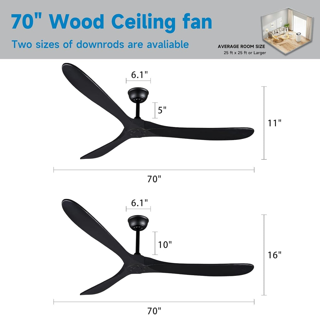 Bigzone 70' Black Ceiling Fan Without Light, 3 Solid Wood Blades, Outdoor Ceiling Fan with Remote, Reversible Motor