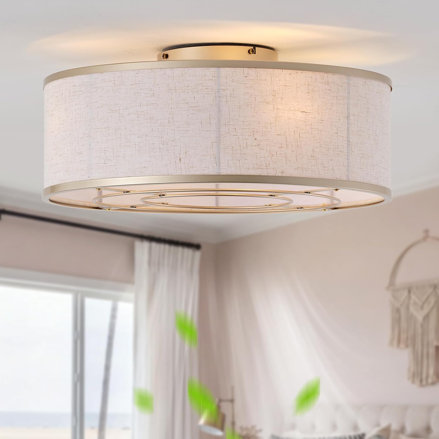 20 Inch Boho Ceiling Fan with Light, Low Profile Flush Mount Caged Ceiling Fan, Bladeless Gold Drum Chandelier with Remote, 6 Speed Reversible DC Motor for Bedroom Living Room, E26 Base