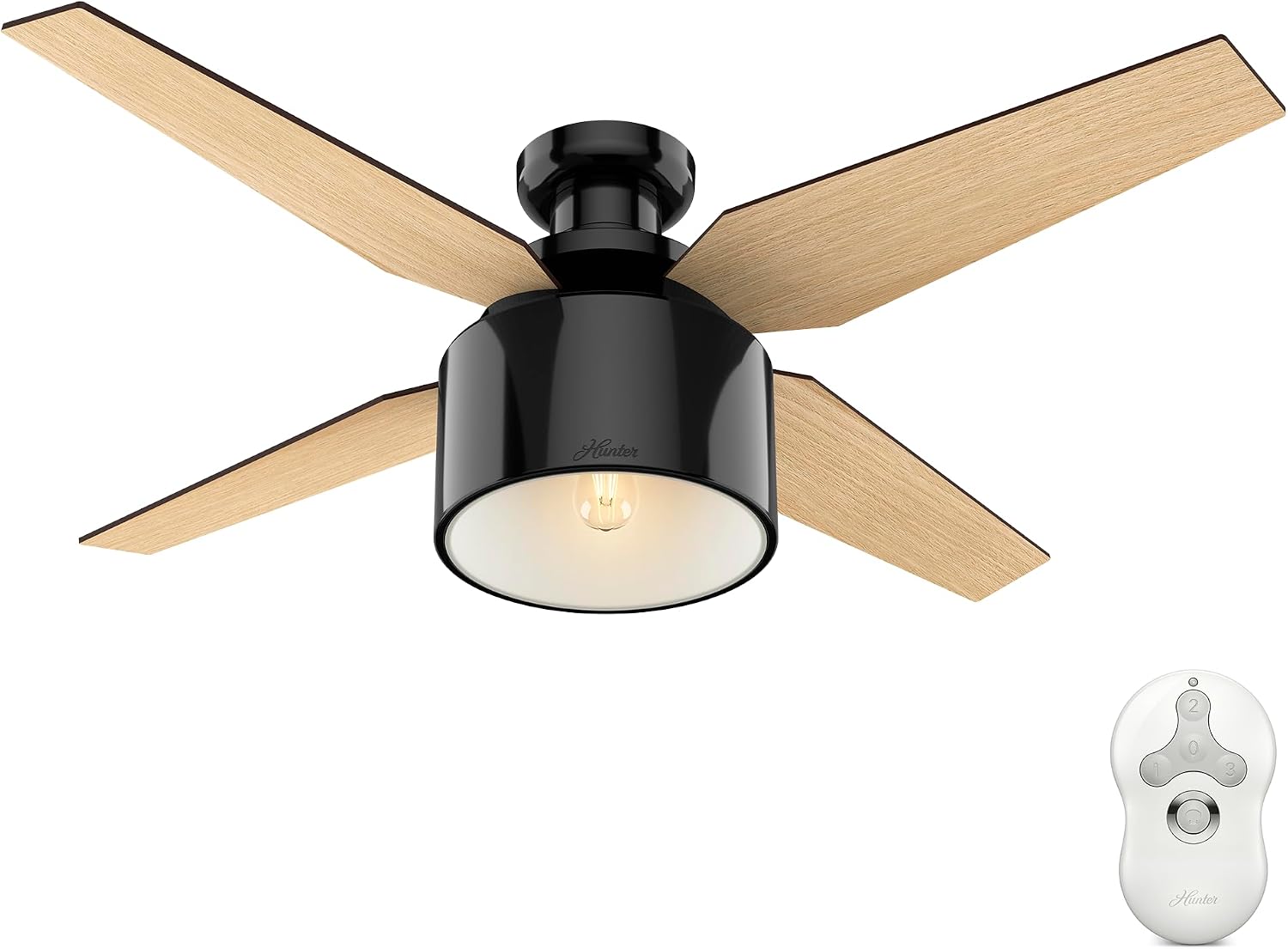 Hunter 52 inch Indoor Ceiling Fan with LED Light and Remote Control - Black Modern Ceiling Fan, Low Profile Mount, 4 Blades, For Bedroom, Living Room, or Kitchen, Quiet - Cranbrook 59259, Gloss Black