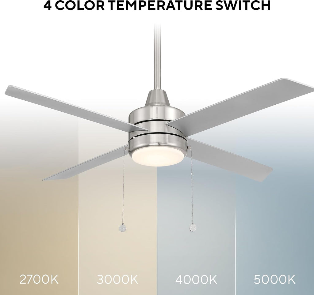 WAC Lighting Quade Indoor or Outdoor 4-Blade 52in Pull Chain Ceiling Fan in Brushed Nickel with Adjustable CCT 2700-3000-4000-5000K Dimmable LED Light Kit and Memory Function