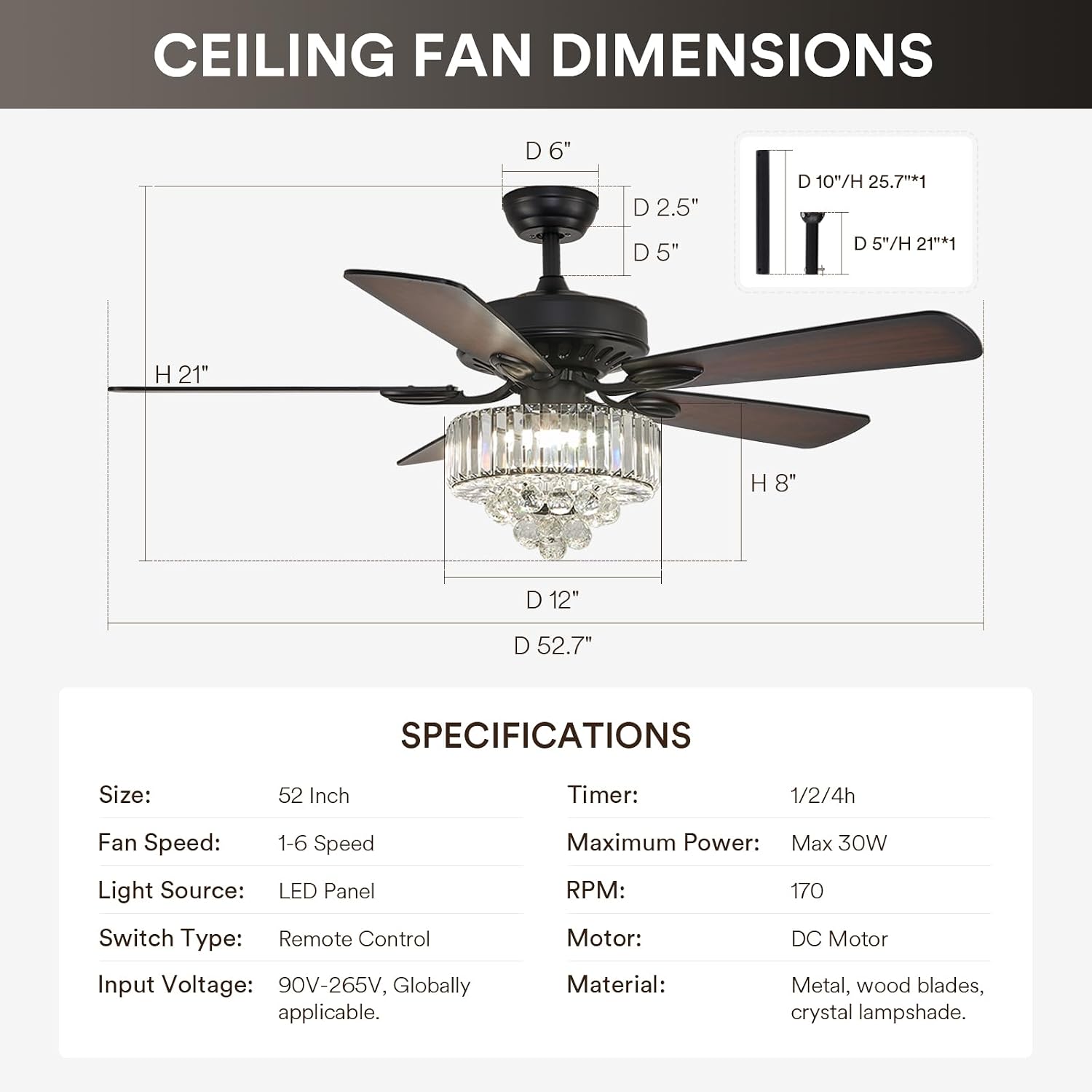 NOXARTE 52 Inch Crystal Ceiling Fan with Light, Modern LED Fandelier with Remote, Black Chandelier Fan Reverse Motor Wood Blades with 6 Speeds for Living Dining Room