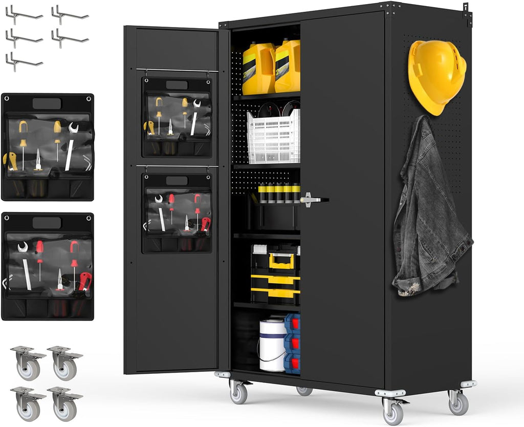Tall & Wide Metal Garage Storage Cabinet with 4 Adjustable Shelves, 43''W x 22''D x 72''H with Wheels & Pegboards, Heavy Duty Lockable Garage Cabinet for Warehouse, Basement, Office, Gym