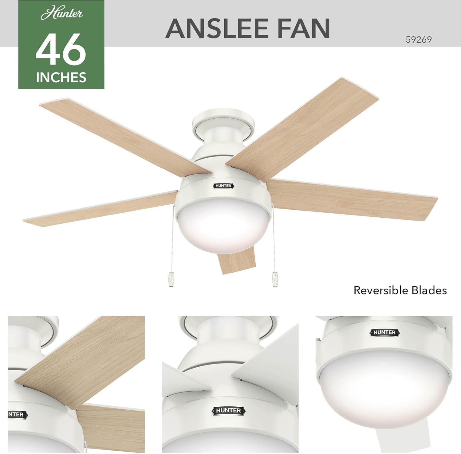 Hunter 46 inch Indoor Ceiling Fan with LED Light - White Ceiling Fan with Pull Chain, For Bedroom, Living Room, or Kitchen, Low Profile Mount, No Remote, 5 Blades - Anslee 59269, Fresh White