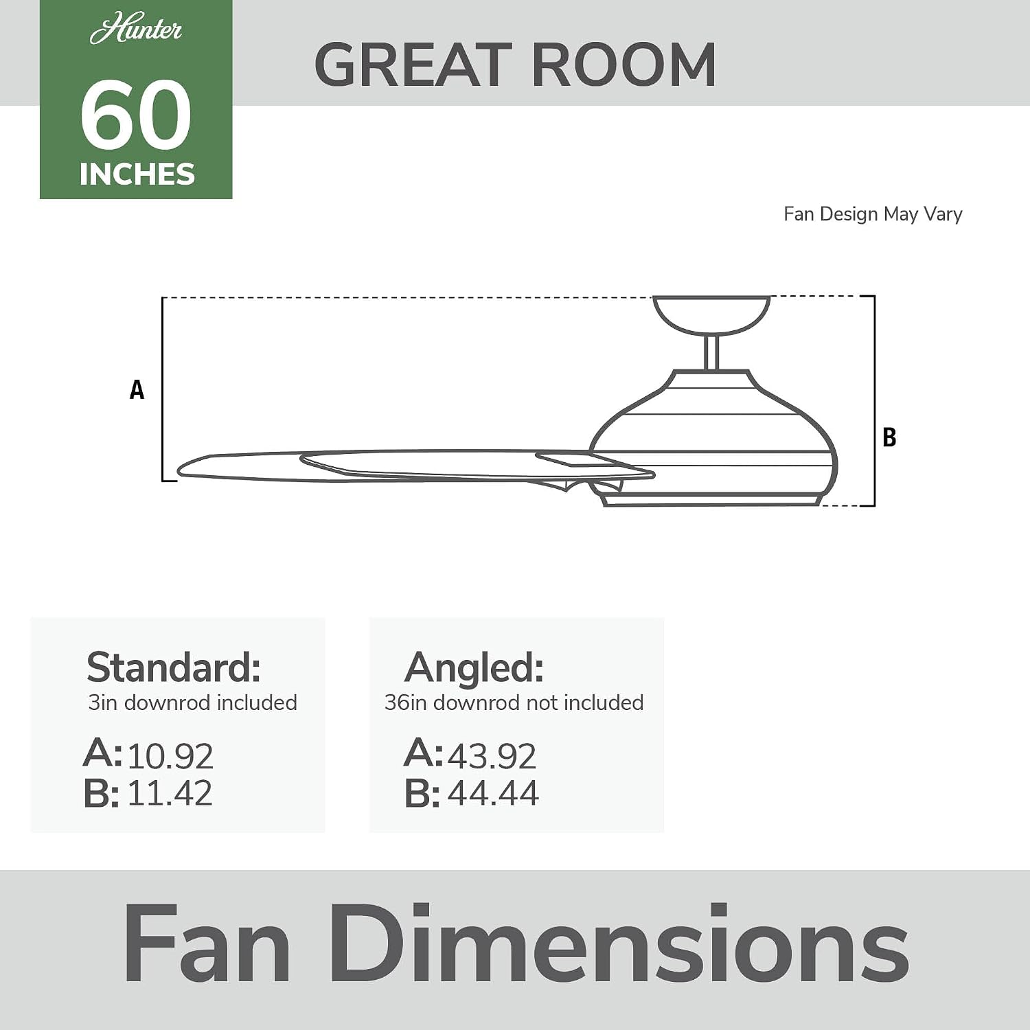 Hunter Fan 60 inch Ceiling Fan with No Light, Outdoor or Indoor White Black Ceiling Fan with 3 Blades for Porch, Living Room, Office, Kitchen, Garage (Renewed)