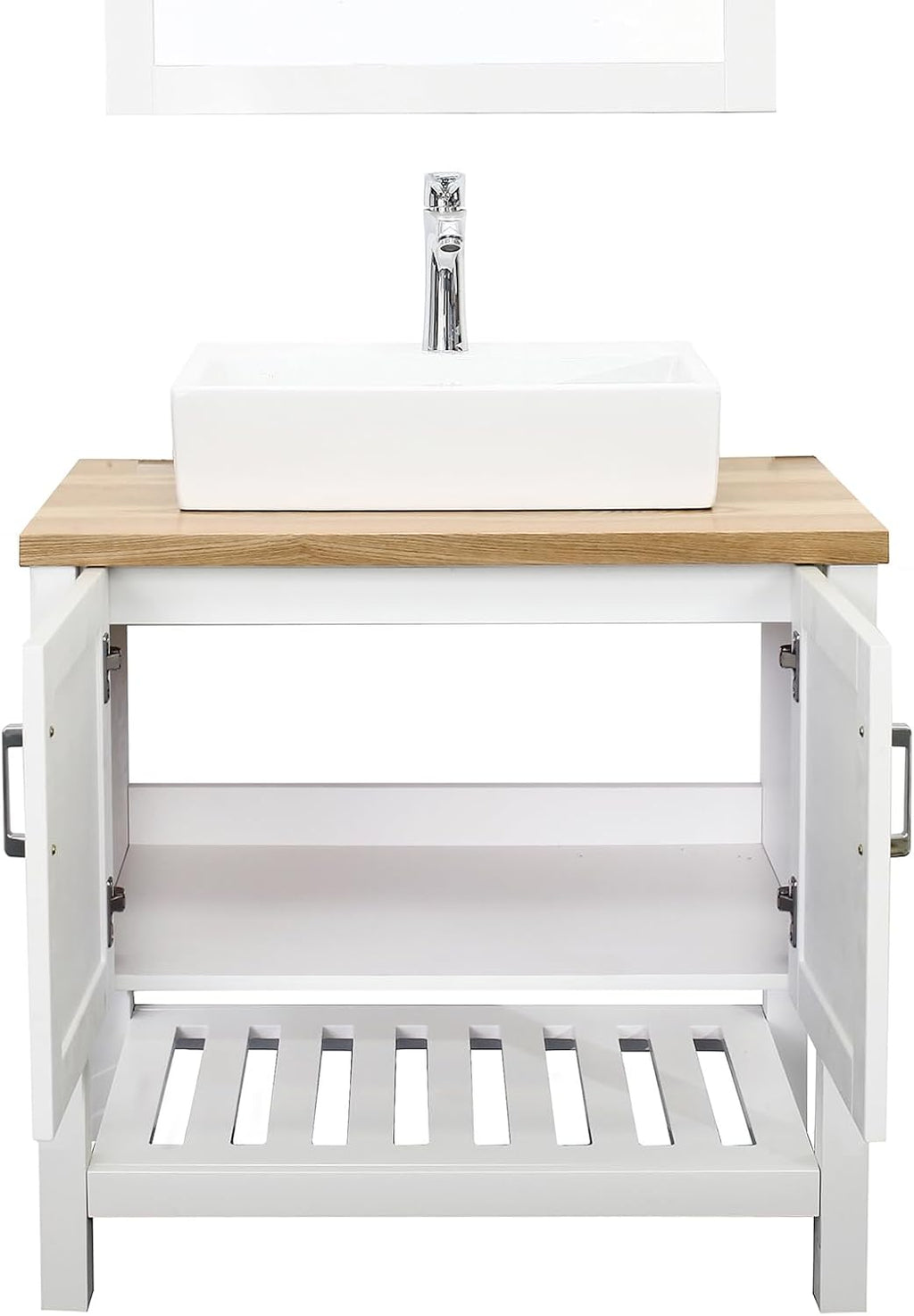 32' Farmhouse Single Bathroom Vanities, Wooden Bathroom Vanity with Sink Combo, Wood Slat Door Freestanding Single Bath Storage Cabinet with 2 Doors & Open Shelf, Cabinet