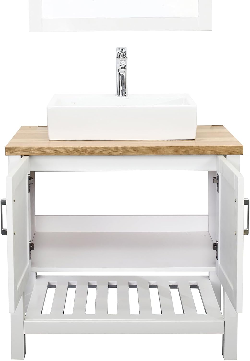 32' Farmhouse Single Bathroom Vanities, Wooden Bathroom Vanity with Sink Combo, Wood Slat Door Freestanding Single Bath Storage Cabinet with 2 Doors & Open Shelf, Cabinet