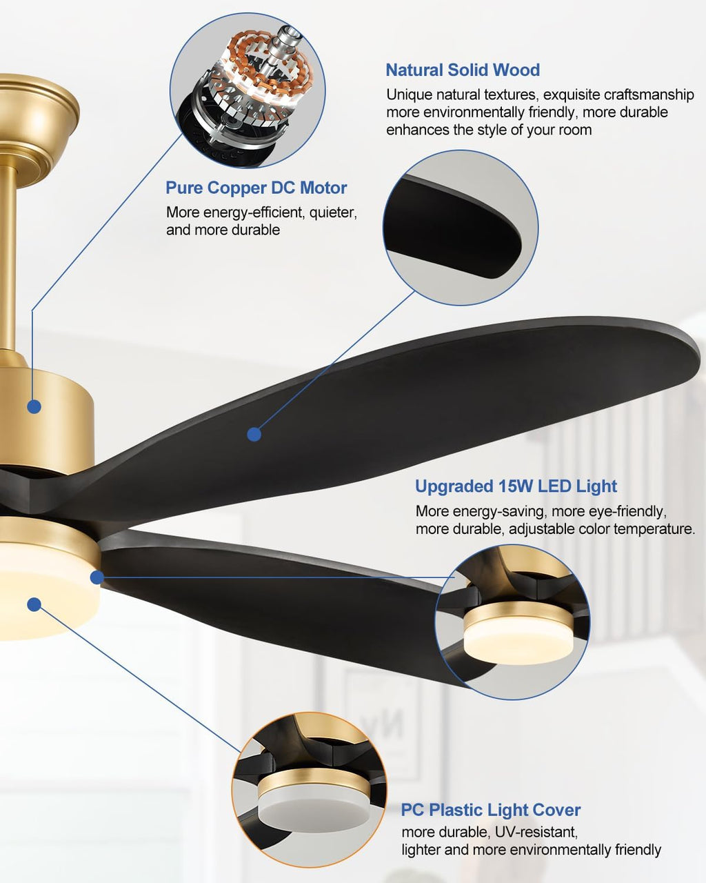 52 Inch Wood Ceiling Fan with Light and Remote, Original USA Patent Outdoor Ceiling Fan, 5 Wood Blades, 3 Downrods, Timer, 6 Speed ETL Certified DC Motor Ideal for Patio Porch Bedroom, Black and Gold