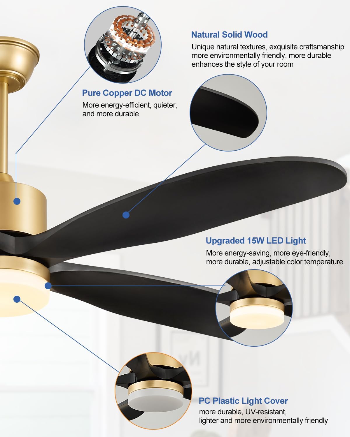 52 Inch Wood Ceiling Fan with Light and Remote, Original USA Patent Outdoor Ceiling Fan, 5 Wood Blades, 3 Downrods, Timer, 6 Speed ETL Certified DC Motor Ideal for Patio Porch Bedroom, Black and Gold