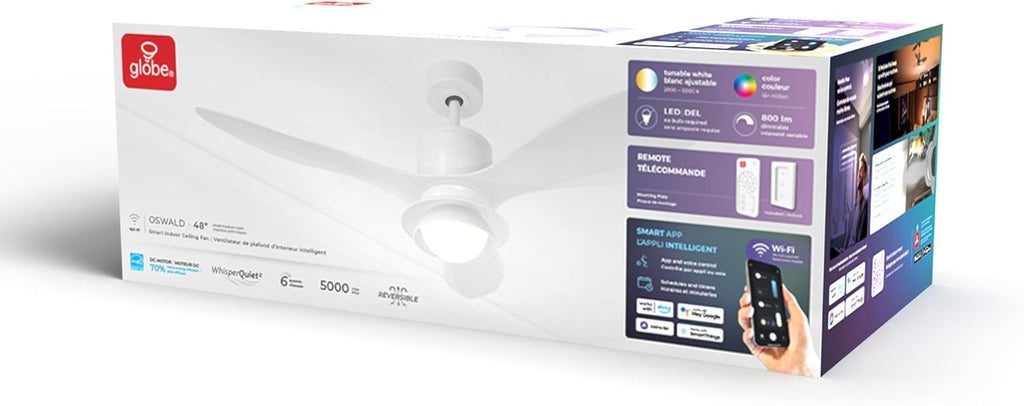 Globe Electric Oswald 48 in. Smart Ceiling Fan with LED Light, Energy Saving, Reversible Airflow, Remote Control, Whisper Quiet DC Motor, 6 Speeds, White