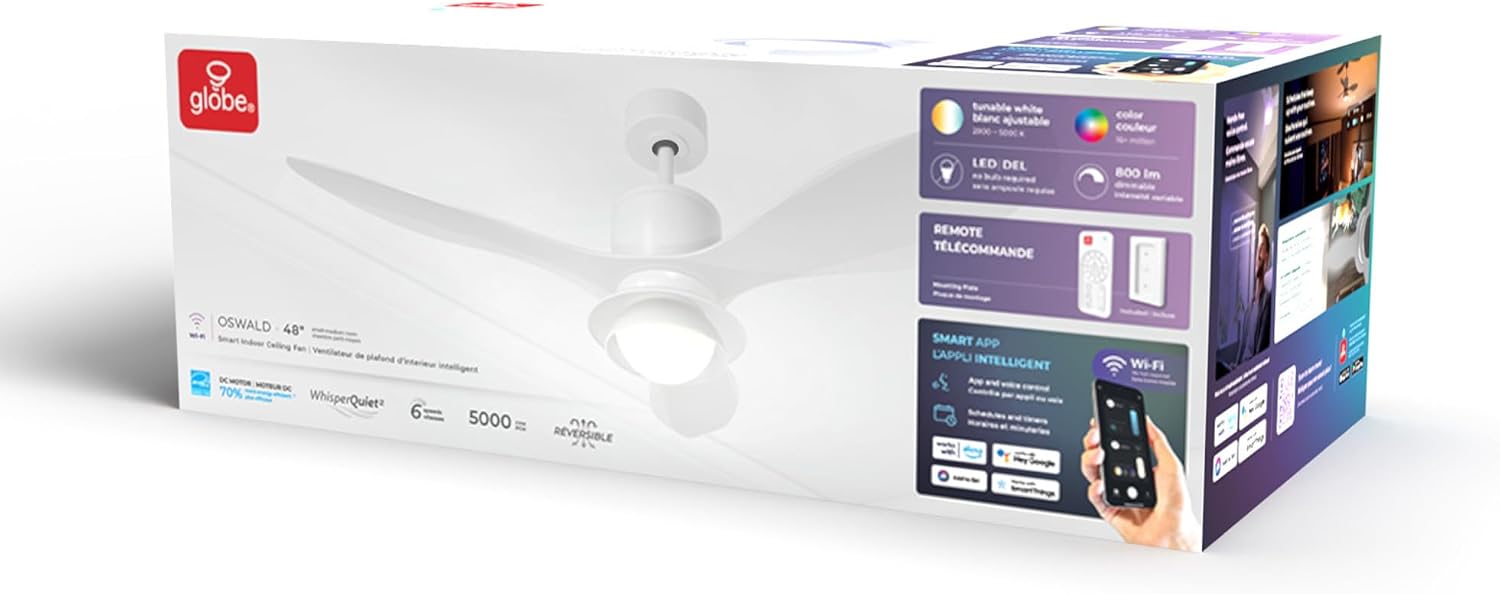 Globe Electric Oswald 48 in. Smart Ceiling Fan with LED Light, Energy Saving, Reversible Airflow, Remote Control, Whisper Quiet DC Motor, 6 Speeds, White