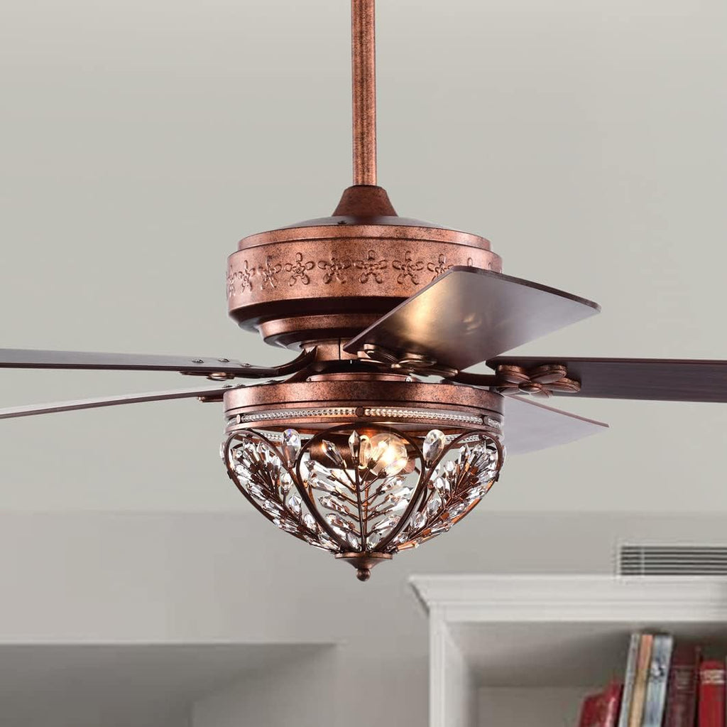 Warehouse of Tiffany Jacira 52 Inch Antique Copper Crystal Ceiling Fan with Remote, Large (AW01W01AC), Metallic