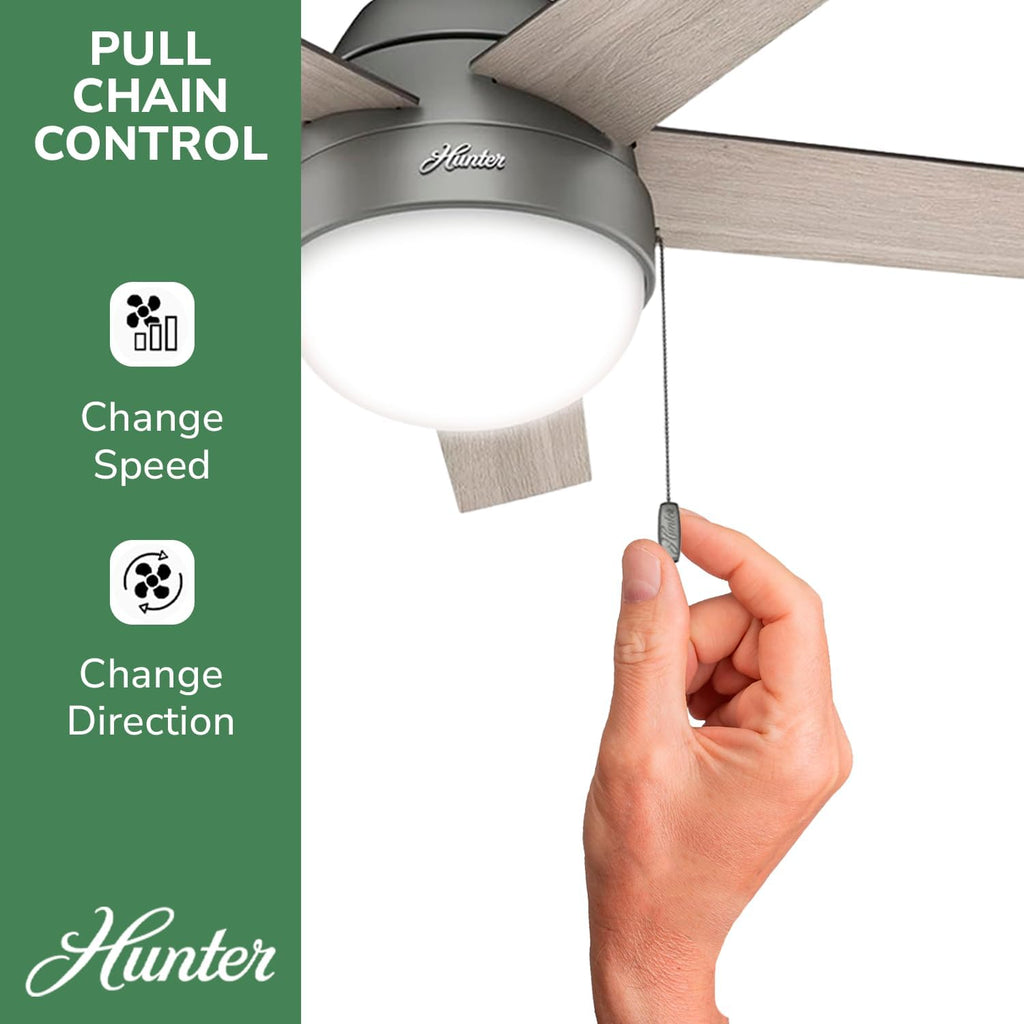 Hunter 46 inch Indoor Ceiling Fan with LED Light - Ceiling Fan with Pull Chain, For Bedroom, Living Room, or Kitchen, Low Profile Mount, No Remote, 5 Blades - Anslee 59270, Matte Silver