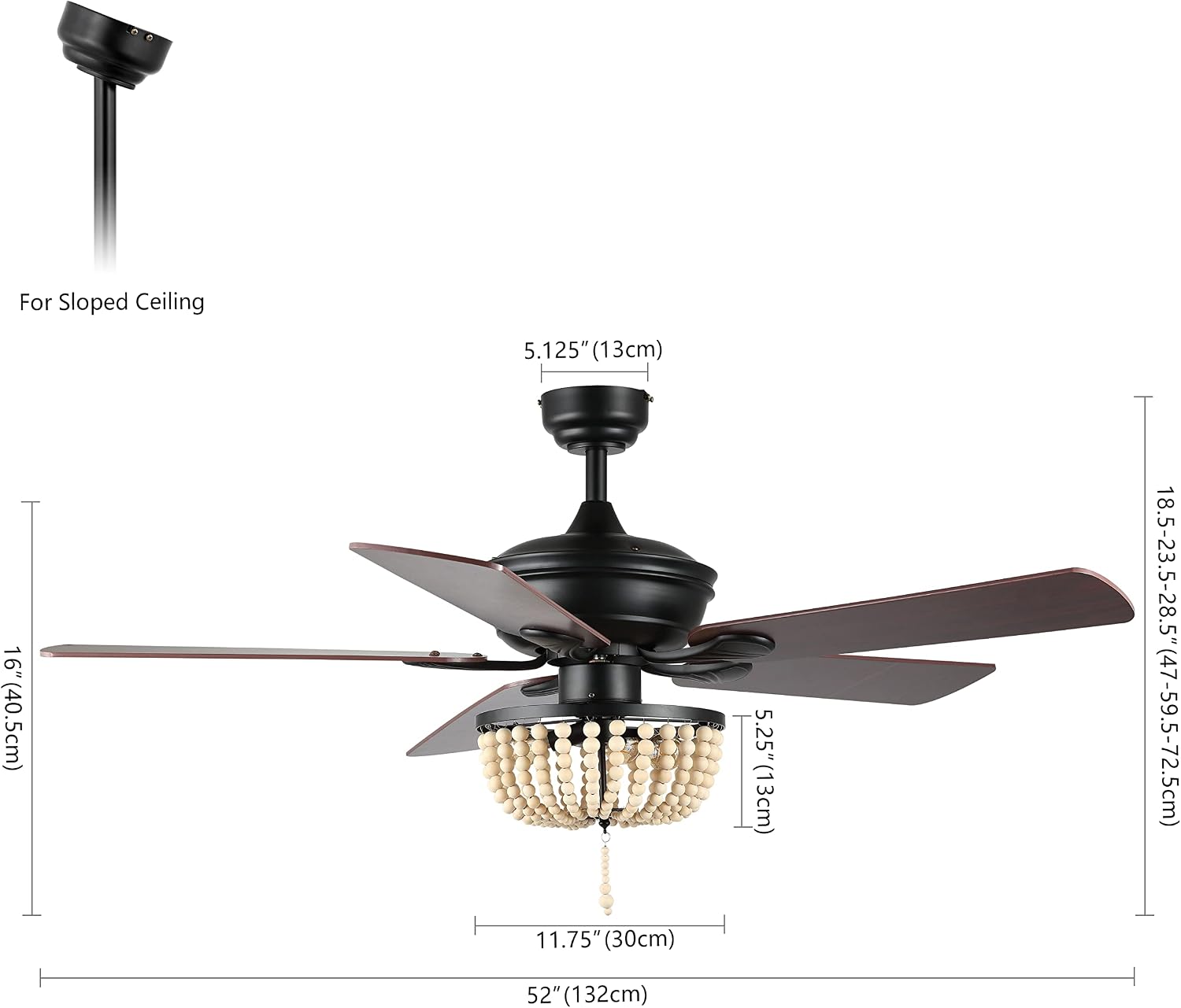 JONATHAN Y 52' Black/Light Brown 3-Light LED Ceiling Fan with Remote and App Control, Bohemian Farmhouse Chandelier, Light Brown Wood Bead Shade, Reversible Wood Blades (JYL9618B)