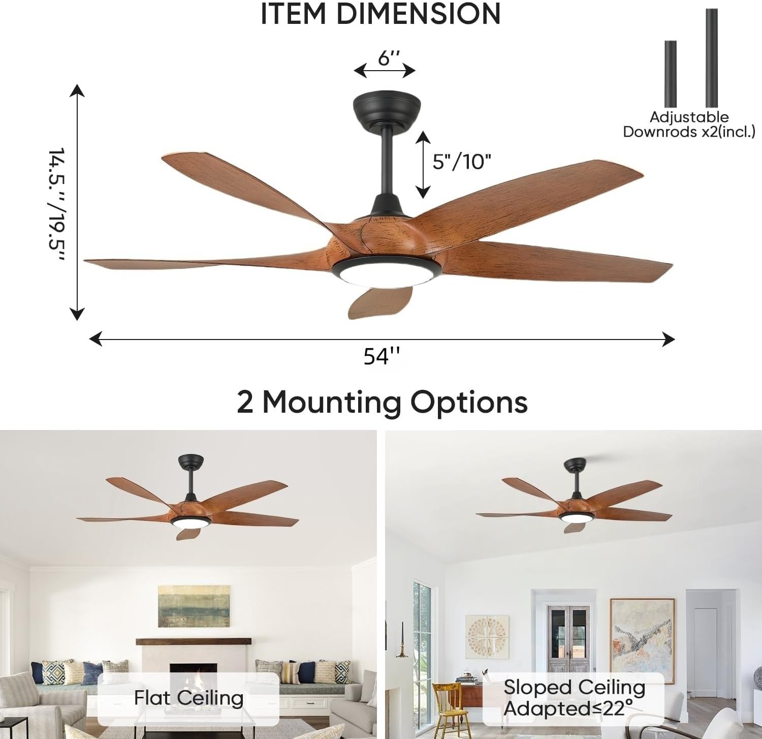 54'' Ceiling Fans with Lights, Indoor/Outdoor Modern Ceiling Fan with Remote, 5 ABS Blades, Reversible DC Motor, 6 Speeds, 3 Color Lights, ETL Listed, for Bedroom Living Room (Walnut)