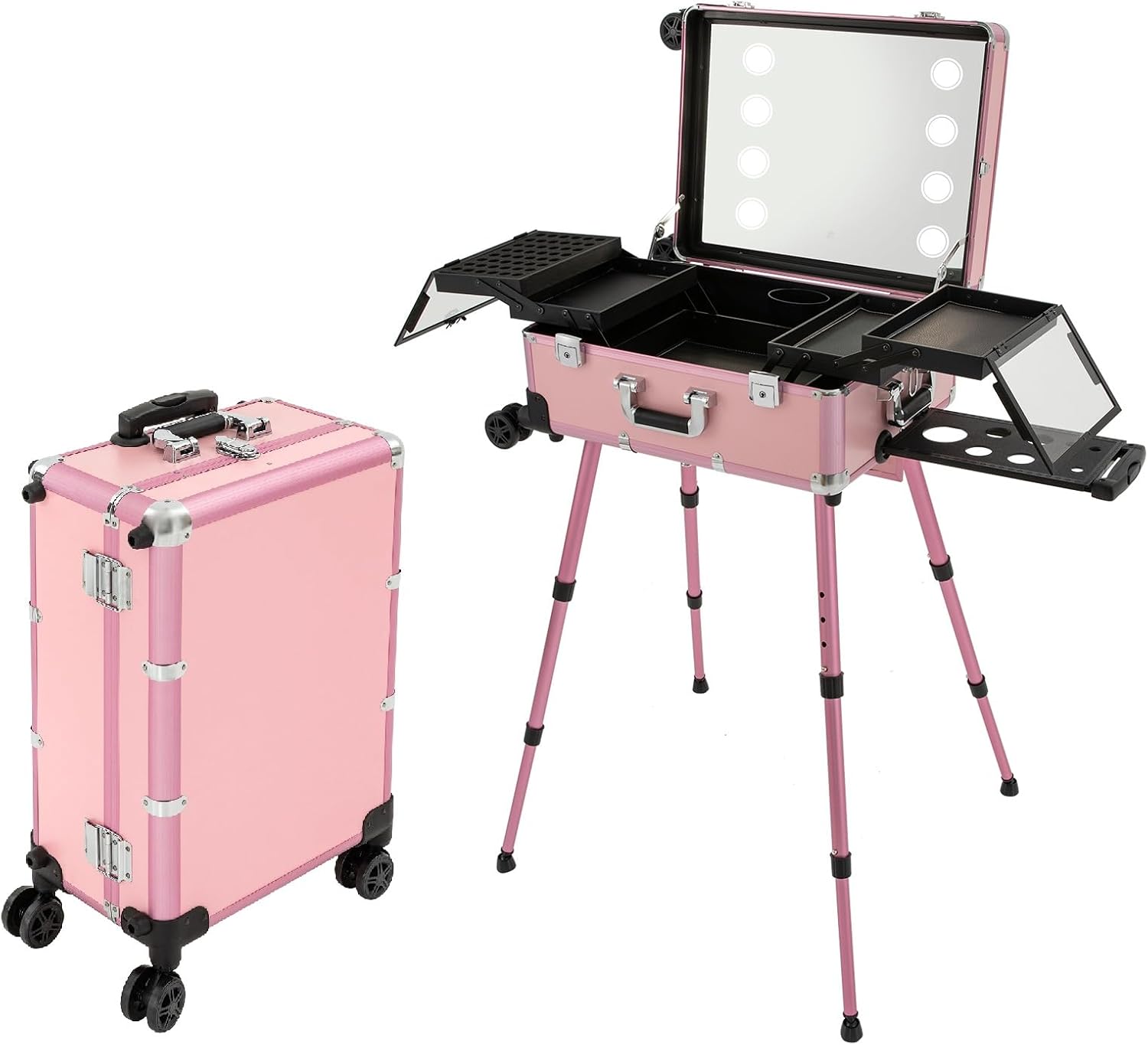 Aluminum Trolley Makeup Train Case with LED Light & Mirror,Professional Travel Cosmetic Organizer Box with Retractable Legs, Rolling Lighted Makeup Vanity Station for Salon Barber (Pink)
